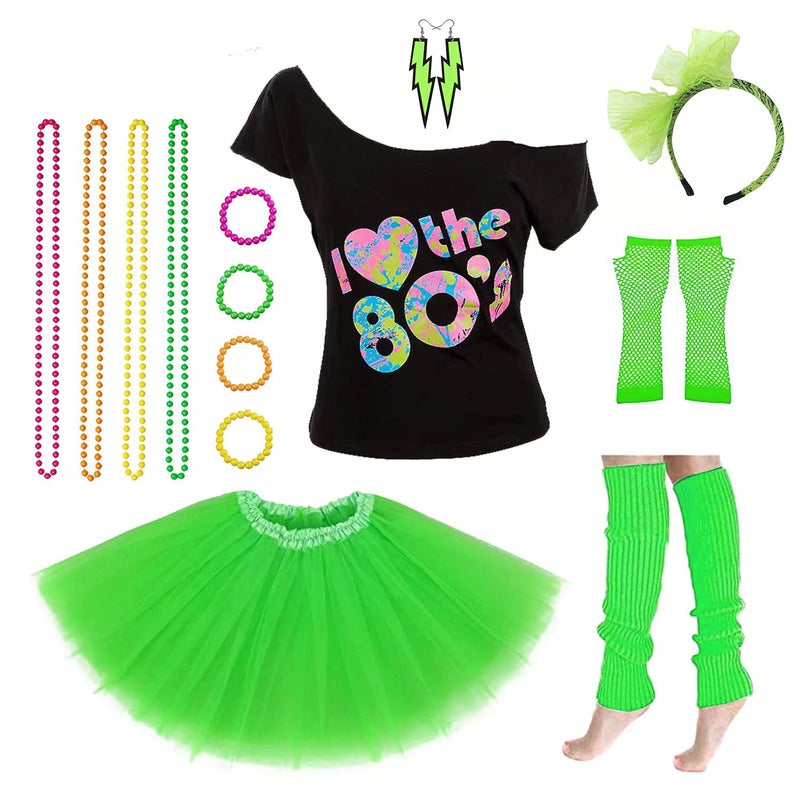 Leadtex Women's 80's Costumes with Accessories Set Green Tutu Skirt Earrings Necklace Bracelets Fishnet Gloves Legwarmers Headband Small(2-4) - Image 2